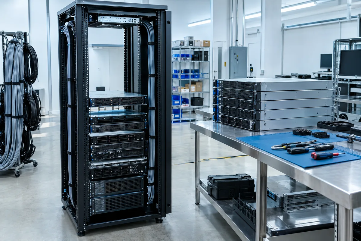 Open server rack being assembled in an integration lab beside rackmount servers on a workbench
