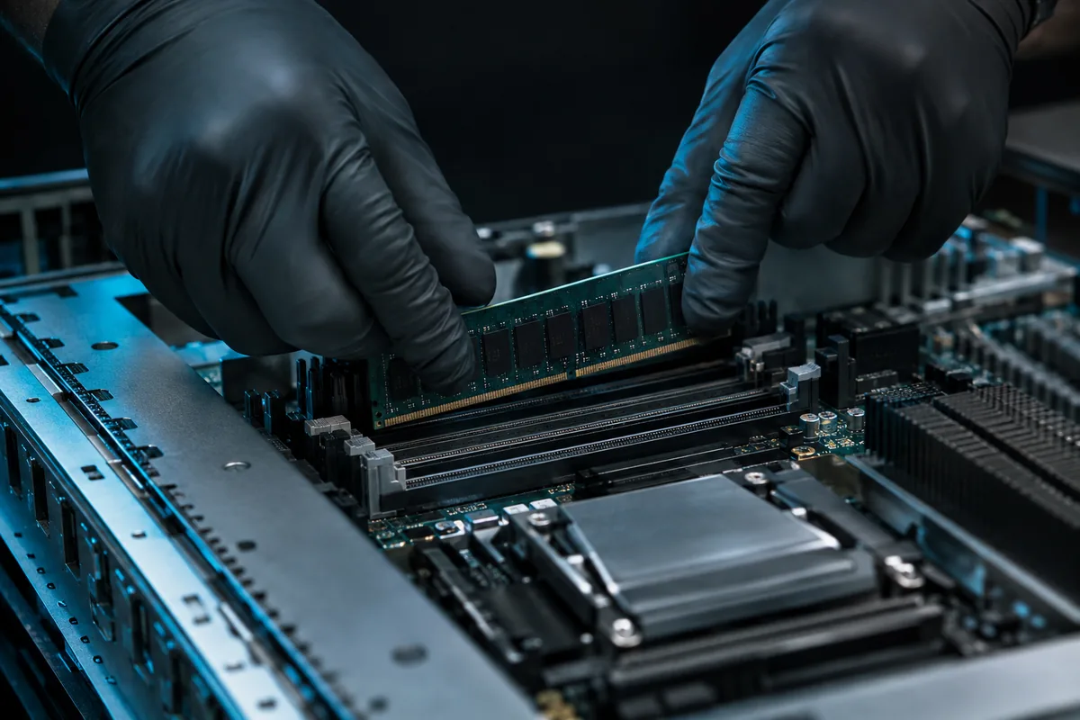 Technician seating a memory module into a rackmount server motherboard