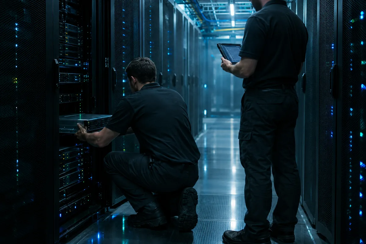 Two field service engineers installing a rackmount server in a data center cold aisle, one reviewing a deployment checklist on a tablet